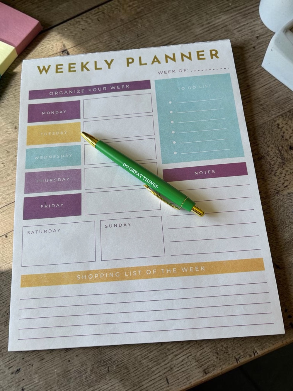Weekly Planner Notepad with Green Pen